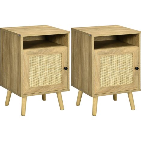 HOMCOM conjunto de 2 mesitas de noche mesillas de noche con puertas de ratán compartimientos abiertos y antivuelco 39x35x60 cm (1/5)