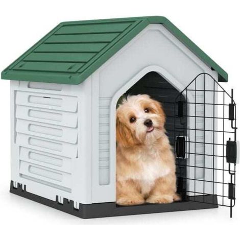 Pour Petits Chiens Chats Lapins Niche Abri Intérieur Extérieur en Plastique PP avec Porte Métal et Aérations Vert (1/5)
