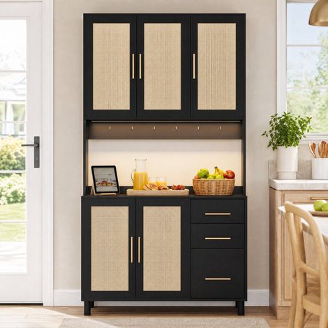 DESMIU Buffet de Cuisine avec 3 Tiroirs, 2 Portes, LED, 2 prises et USB, 6 crochets, pour Cuisine, en MDF, noir, 183 cm (1/5)