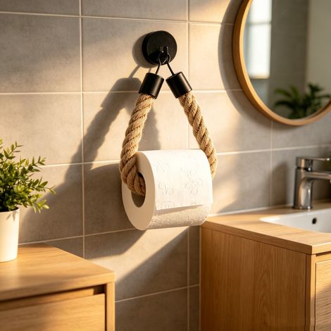 Porta carta igienica nero opaco, senza foratura, in corda di canapa naturale non colorata, decorazione per il bagno (senza foratura) (1/5)
