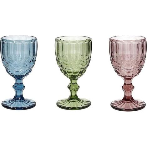 3er-Set Stielgläser – 3-teilig – Farbiges Glas mit geprägten Mustern – 260 ml Fassungsvermögen für gekühlte Getränke – Ideal für festliche Anlässe und den Alltag – Blau, Grün und Lila