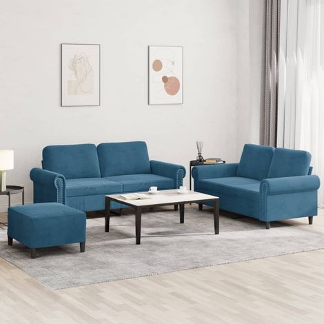 3-tlg. Sofagarnitur mit Kissen Blau Samt (1/5)