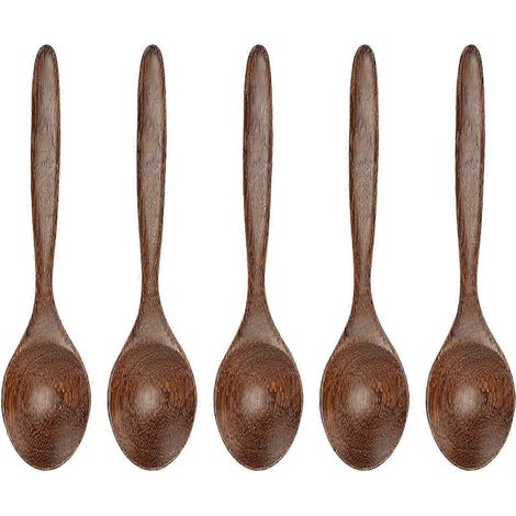 Lot de 5 cuillères en bois naturel lisse, sans bavure, robustes et durables, style vintage, résistantes à la chaleur, avec bord pointu. (1/5)