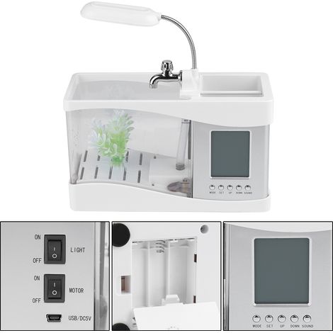Wiederaufladbares USB-Aquarium mit Uhr und LED – Multifunktionales Mini-Fischglas, Weiß (1/5)