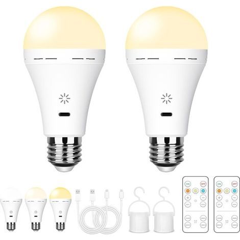 Wiederaufladbare USB-Glühbirne mit Fernbedienung, 3 Farbtemperaturen, dimmbare E27-LED, batteriebetrieben, 5 W, Touch-Steuerung mit Timer, Not-Aus-Funktion mit Haken, 2600 mAh, 2er-Pack