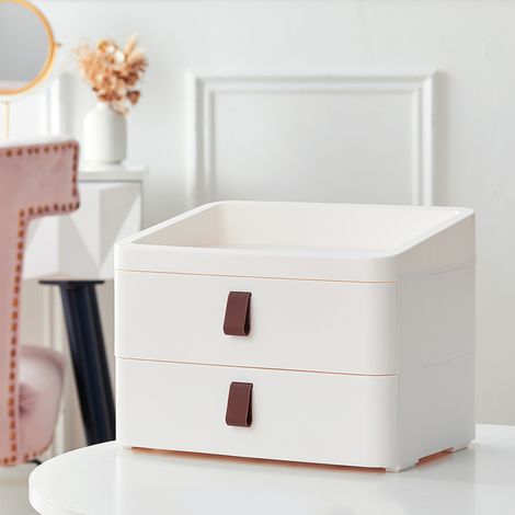 White Desktop Plastic Two Tier Drawer Organizer (1/5)