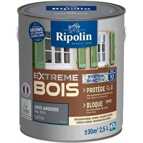 Peinture pour Bois -Intérieur/Extérieur - RIPOLIN - Ultra-couvrante - Résiste aux Intempéries, UV,Chocs -Satin - Gris Ardois