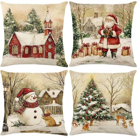 4er Set Kissenbezüge Weihnachten Retro, 40 x 40 cm Kissenbezug Weihnachten Dekokissen Leinen Kissenhüllen, Weihnachtsmann Schneemann Elch Weihnachtskissenbezug Deko Sofa Schlafzimmer Couch (1/5)