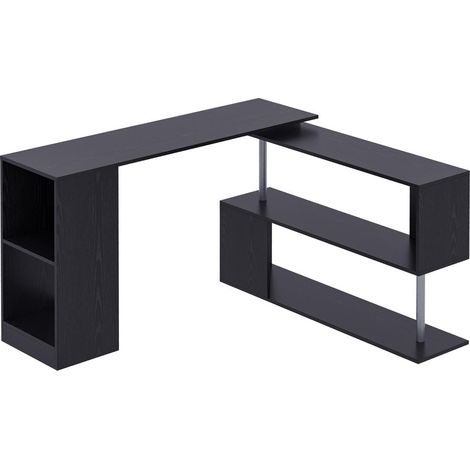 Optimisez l'espace avec ce bureau d'angle, grand plateau et étagère latérale en S, bois noir 140x120x78 cm (1/5)