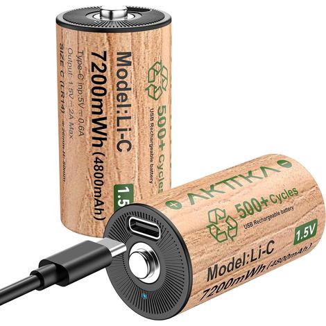 2 Piles C/LR14 Rechargeables au Lithium, Grande capacité 7200 mWh, 1,5 V, avec câble de Charge USB-C, Faible Auto-décharge. Particulièrement adapté aux Lampes Torches, lecteurs CD, radios (1/5)