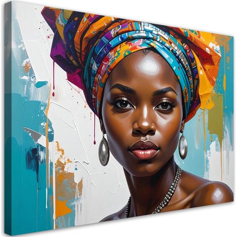Cuadro sobre Lienzo, Retrato colorido de una mujer con un turbante glamour, 30x20 (1/5)