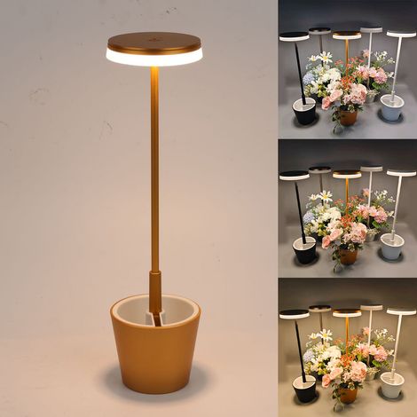 Lampe de table LED sans fil, lampe de bureau à intensité variable à 3 couleurs, lampe décorative de pot de fleurs à commande tactile (doré) (1/5)