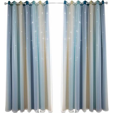 Rideau occultant pour chambre à coucher, rideau anti-bruit, isolation thermique, rideaux opaques avec motif(100x 270cm), bleu jaune) (1/5)