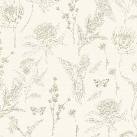 Papier peint nature sur fond crème Tapisserie florale verte avec oiseaux Papier peint cottage idéal pour couloir et salon (1/3)
