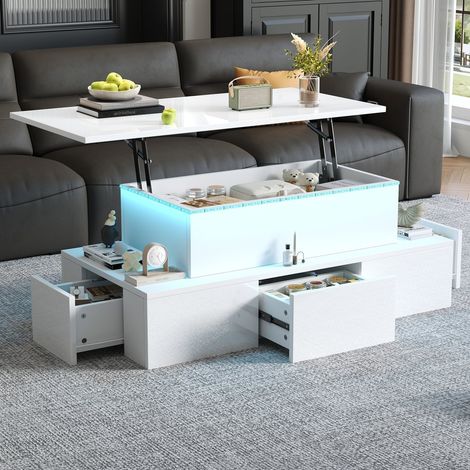 Tavolino da Salotto Multifunzione con LED e Alzata, 100x50x40 cm, 4 Cassetti e USB, Colore Bianco Lucido, con vano di Raggio (1/5)