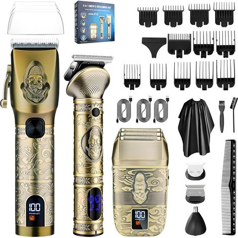 Men's Hair Clipper, 3 in 1 Beard and Hair Trimmer Kit with Grid Shaver, Precision T-Blade Clipper, 12 Combs, 5 Speed, LED Display, Type-C (1/5)