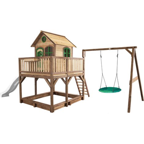 Axi Liam Maison Enfant Avec Bac À Sable, Balançoire Nid D'Oiseau Vert & Toboggan Blanc  Aire De Jeux Pour L'Extérieur En Marron & Vert  Maisonnette / Cabane De Jeu En Bois Fsc