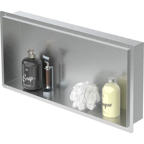 LuxeBath Niche de Douche Encastrée Murale, 60x30x10 cm, en Acier Inoxydable, Argent, sans Rebord, Étagère Encastrable Salle de Bain, Seule Couche, Rangement Articles Toilette, avec Matériel Montage