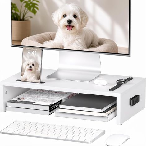 Rehausseur Écran PC Bureau en Bois, Support Moniteur Blanc (1/5)
