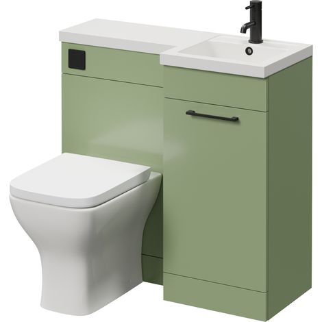 Napoli 390 Olive Green 900mm Single Door Vanity Unit Toilet Suite with Right Hand Square Lucia Basin - 900mm - Matt Black 160mm HandleWith Kingston Toilet Pan and Seat