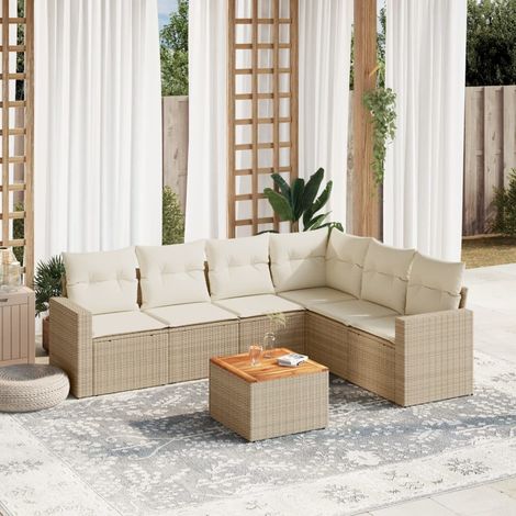 Canapé de jardin 7 pièces en résine tressée beige avec coussins crème – table acacia + sièges modulables (1/3)