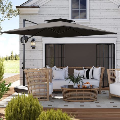 Parasol déporté de 2,5 x 2,5 m avec base lestable, manivelle et tête inclinable, gris foncé (1/5)
