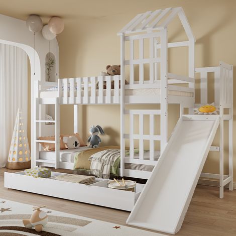 Letto a castello bambini 90x200 cm a casetta con cassetto con ruote e scivolo, in legno, senza materasso, bianco (1/5)