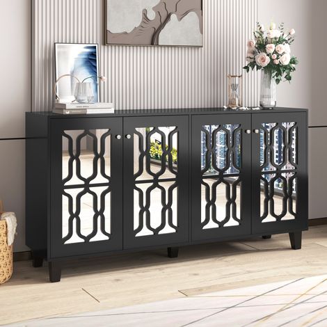 Buffet noir miroir, buffet salon, buffet salle à manger avec 4 portes, poignées en cristal froid, stratifié amovible,160x40x84 cm
