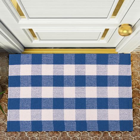 Tapis à Carreaux de Buffle 3 x 5 Pieds, tissé à la Main, pour Porte d'entrée, extérieur, Cobalt Brillant et Blanc, en Coton Lavable pour entrée (1/5)