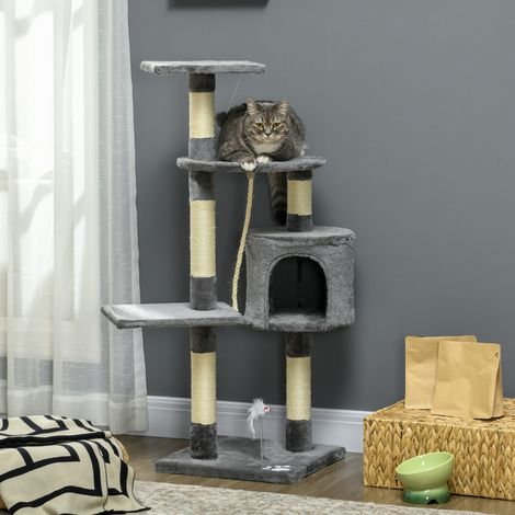 Arbre à chat avec poteaux en sisal, grotte, plateformes et jouets, gris foncé, hauteur 116 cm. (1/5)