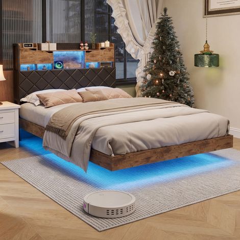 Lit 2 Personnes avec Ports USB/C et LED Réglable, Cadre de Lit Flottant 160x200 avec Tête de Lit avec Rangement, Sommier - Style Industriel