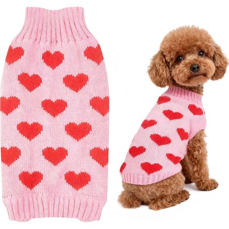 Pull tricoté rose avec motifs de cœurs rouges pour petits chiens et chats, vêtement d'hiver chaud et extensible pour animaux de compagnie (1/5)