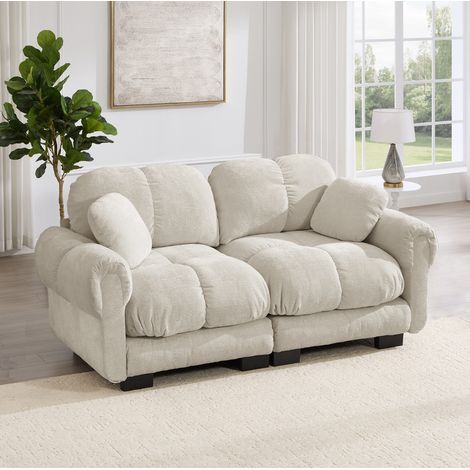 Divano a 2 posti 190x86x90 cm, con cuciture trapuntate, cuscini spessi, design modulare, in chenille, verde chiaro (1/5)