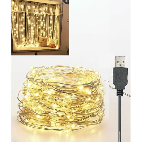 Guirlande Lumineuse LED - Fil de Cuivre - 10 m - 100 LED - Blanc Chaud - IP65 - USB - Intérieur Extérieur