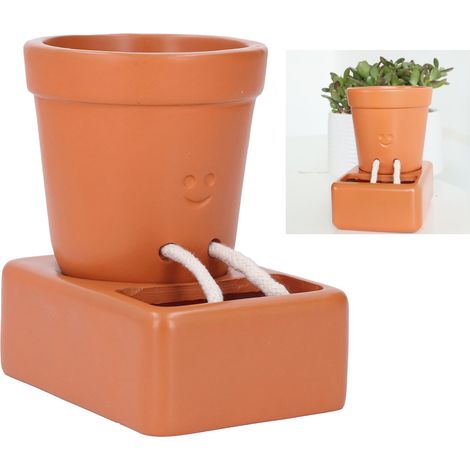 Blumentopf mit automatischem Bewässerungssystem – Pflanzgefäß aus Kunstharz für Sukkulenten, Bogenhanf und Wachsblumen – Maße 9 x 9 cm mit Aufbewahrungssockel