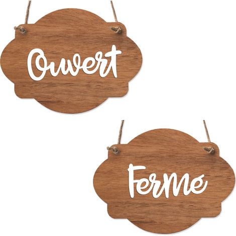 Plaque de porte en bois avec ventouse et cordelette Panneau ouvert fermé, pancarte toilettes, salle de bain.- Bois Foncé - Ouvert / Fermé