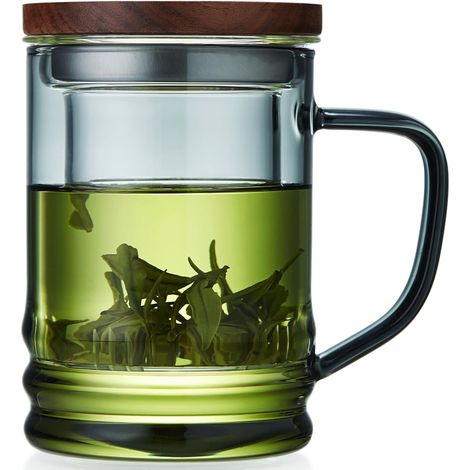 350ml Glass Tea Cup with Infuser and Lid, Heat-Resistant Borosilicate Glass Tea Cup for Loose Leaf and Blooming Tea, Gas Stove Safe