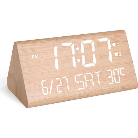 Wecker Digital Holz, Wecker Holz mit 2 Alarm/Datum/Wochentag/Temperaturanzeige, Einstellbare Helligkeit & Lautstärke, Wecker mit Stromanschluss und 2 USB-Ladeanschlüsse für Zuhause & Büro