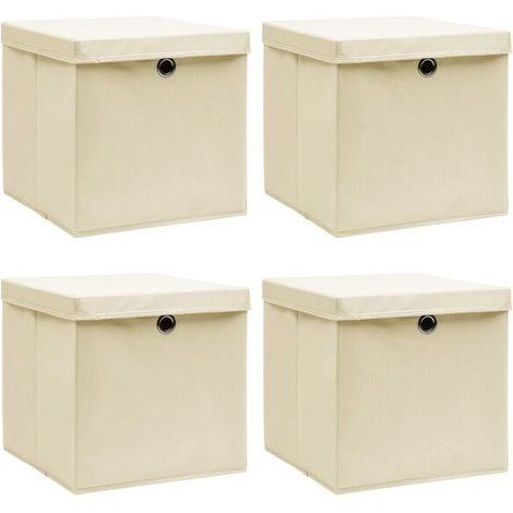 Boîtes de rangement avec couvercles, lot de 4, beige, 32x32x32 cm, en tissu. (1/5)