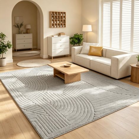 Tapis de salon 230 x 160 cm, géométrique à poils hauts 15 mm, en tissu gris avec motifs en relief, doux et facile à entretenir, pour séjour, chambre ou bureau – CHICFURN (1/5)