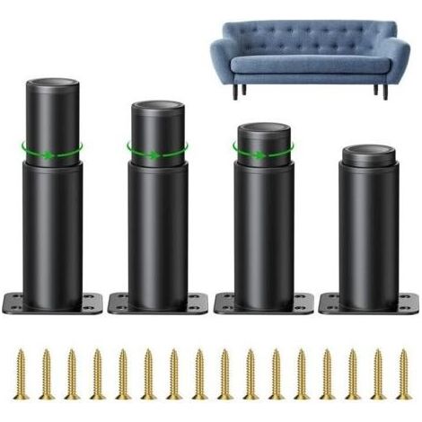 4 Pièces Pieds de Meubles Réglables, 8cm Pied Cuisine Réglables, Hauteur Réglable est de 0 à 40 mm, Ronds Métal Acier Inoxydable Canapé Jambe Table Pieds, Pieds d'armoire avec des Vis, Noir (1/5)