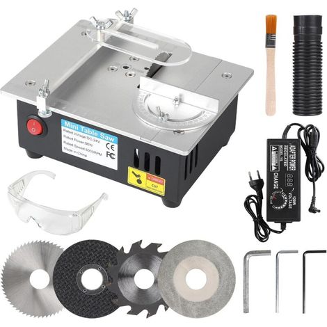 96W Mini Scie Circulaire de Table avec 4 Lames de Scie Circulaire Alimentation électrique Réglables à l'infini 0-10 mm de Coupe Réglable DIY, Découper de Petits Matériaux (1/5)