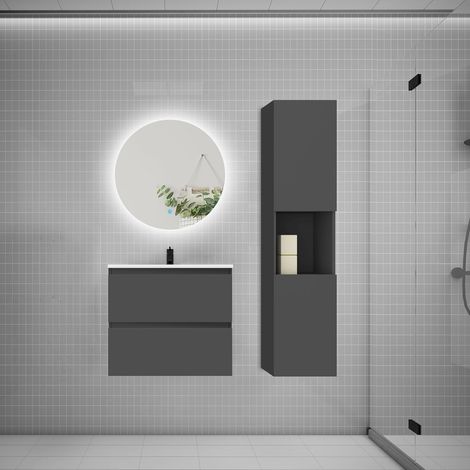 Ensemble meuble anthracite et vasque L.60cm 2 tiroirs + colonne1 haut + lavabo + miroir 60x60cm-suspendu