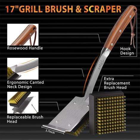 ENLOY brosse et grattoir pour barbecue, brosse de 43,2 cm pour barbecue extérieur, manche étendu en palissandre et 2 têtes de brosse remplaçables en fil de cuivre (1/4)