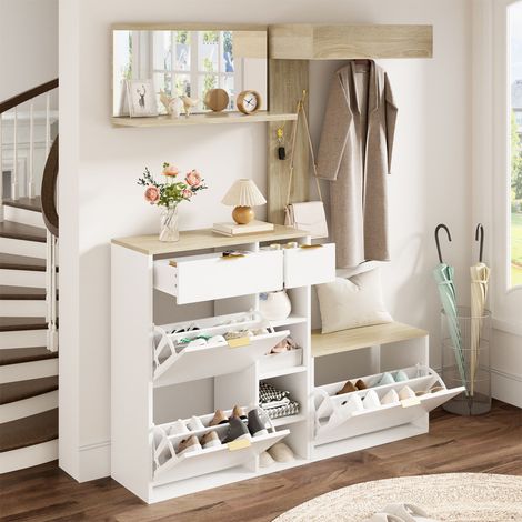 Meubles d'Entree avec Meuble a Chaussures 2 Tiroirs, Banc, Miroir Mural et Panneau Porte-Manteaux, 130×30×174 cm (1/5)