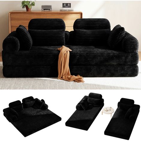 Canapé Convertible 4 Places,Canapé-Lit Velours côtelé avec Appuie-tête et Soutien Lombaire Intégrés Amovibles, 2 Coussins Offres, Poche Latérale , Noir