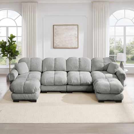 Canapé panoramique 4 places modulable en U tissu chenille avec 2 poufs mobiles assise profonde dossier ergonomique séjour gris clair (1/5)