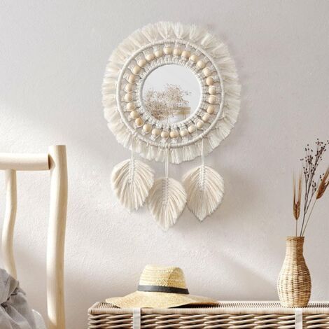 Sollbry Miroir mural suspendu - Miroir décoratif rond à franges en macramé bohème avec perles en bois et pendentif en plumes, ornement artistique pour appartement, maison, chambre à coucher, salon