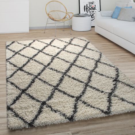 Paco Home Hochflor Teppich Wohnzimmer Shaggy Langflor Modernes Boho Skandi Rauten Muster 140x200 cm, Creme 4