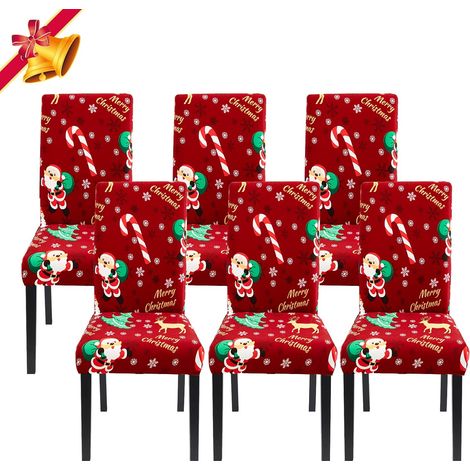 Weihnachtsstuhlhussen, 6er-Set, dehnbare Esszimmerstuhlhussen, universelle waschbare Hussen für weihnachtliche und festliche Esszimmerdekoration (Wein/Weihnachtsmann, 6er-Set) (1/5)